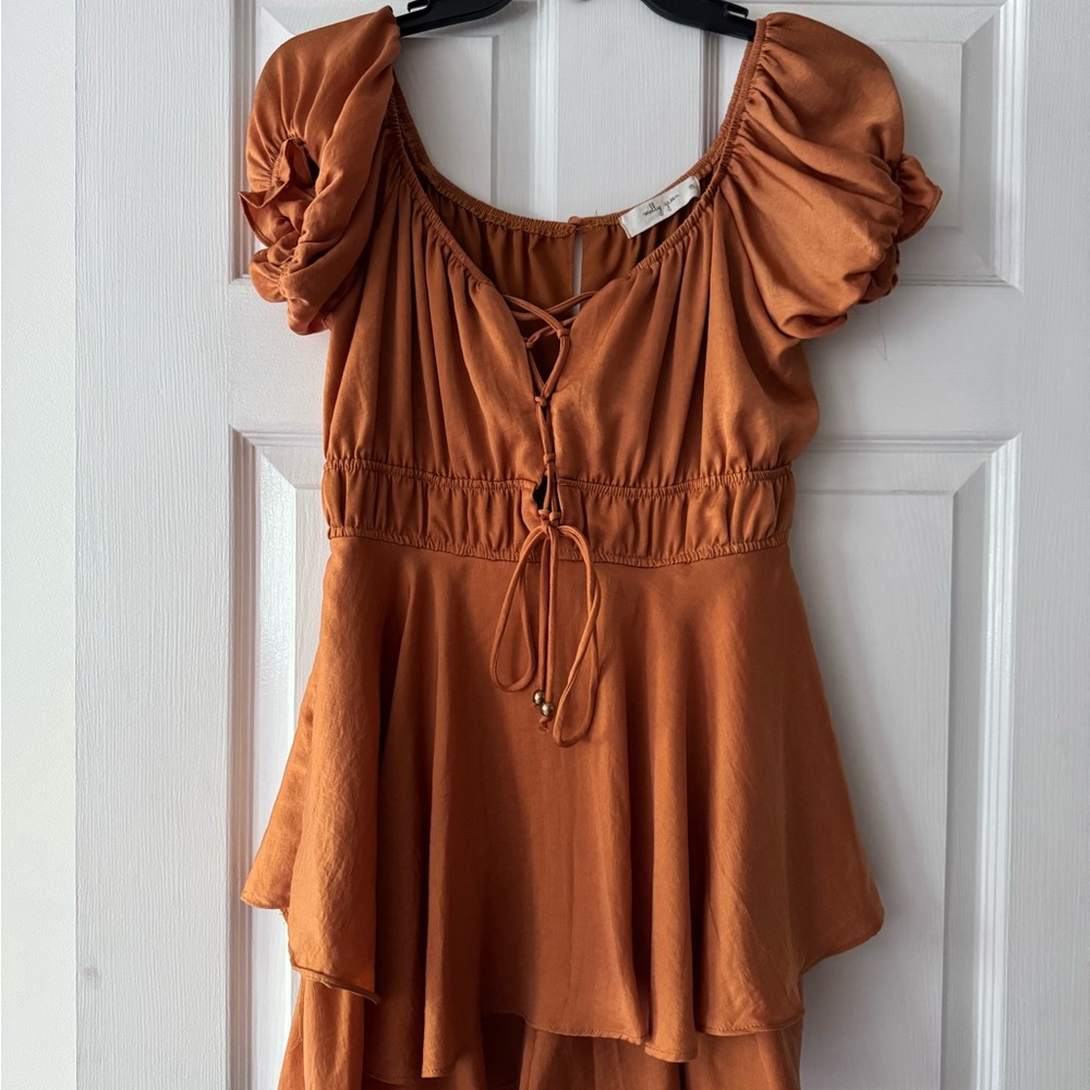 Rust Orange Peplum Romper with Puff Sleeves